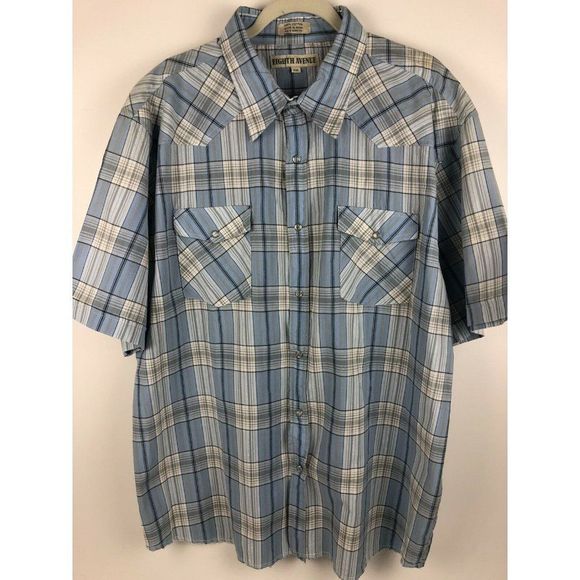 EIGHT AVENUE Mens Short Slerve Pocketed Press Buttons PLAID Light Blue SHIRT 2XL - Picture 1 of 11